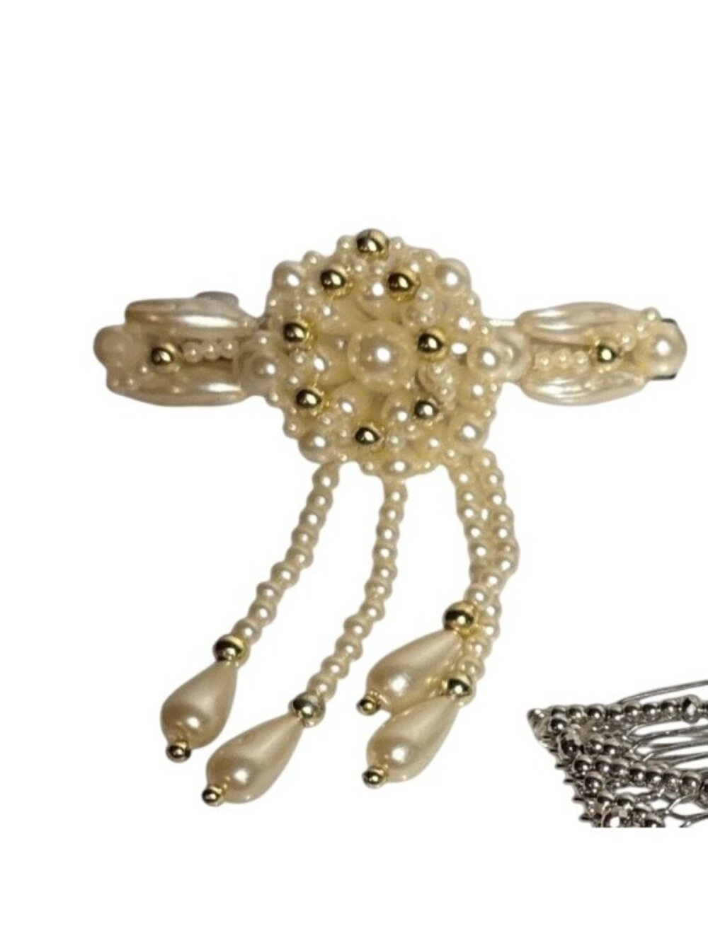 Faux Pearl Waterfall Hair Barrette Clustered Floral Center Dangling Teardrop Vtg